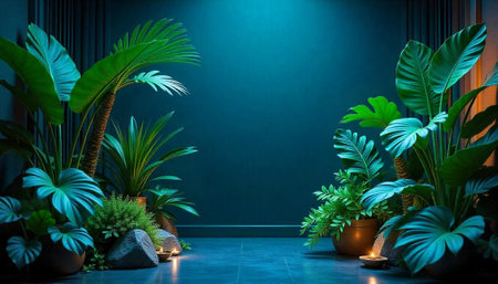 Tropical plants against deep teal background with candlelight glowの写真素材