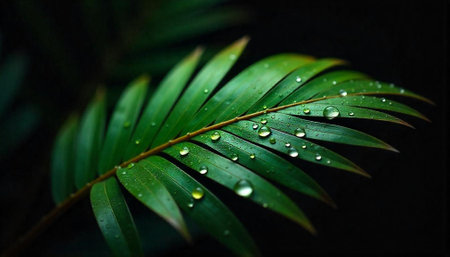 Green palm leaf with water droplets on dark backgroundの写真素材