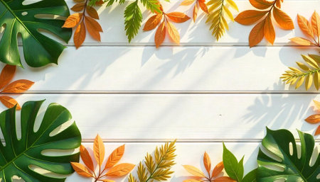 Autumn leaves and monstera frame on white wooden background