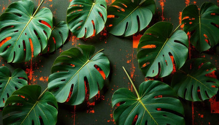 Monstera leaves on a dark background with orange accents