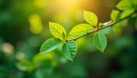 Branch with vibrant green leaves bathed in golden sunlightの写真素材