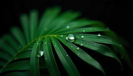 Green palm leaf with water droplets against dark background