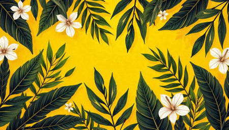 Tropical leaves and flowers arranged on a yellow background