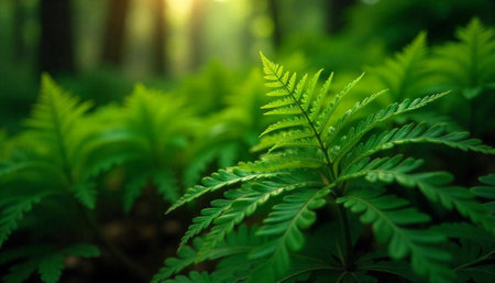 Sunlit fern fronds in a lush green forest