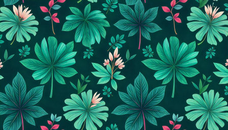 Teal botanical leaves and flowers repeating pattern illustration background