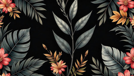 Elegant floral pattern with botanical elements on black backdropの写真素材