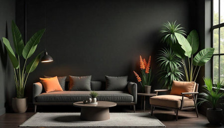 Sophisticated living room interior design with modern furniture and plants