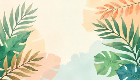 Watercolor botanical background with tropical leaves and pastel colorsの写真素材