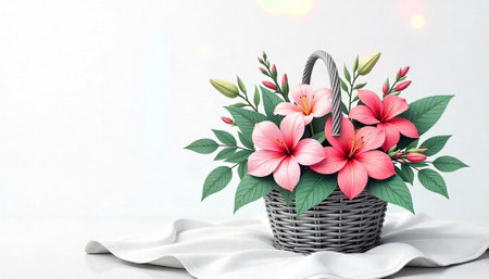 Pink hibiscus blossoms arranged in wicker basket, tabletop displayの写真素材