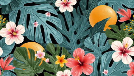 Tropical floral pattern of hibiscus and monstera leaves