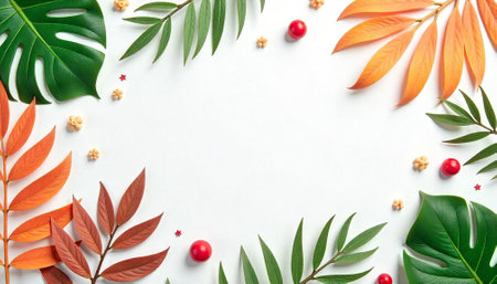 Tropical leaves and fruit arranged around blank copy spaceの写真素材