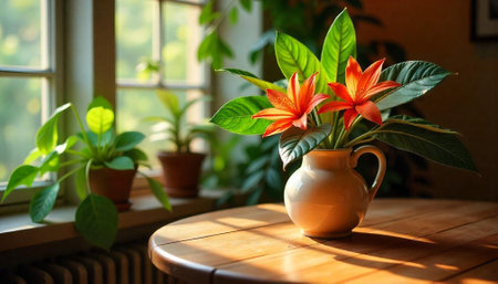 Floral arrangement with orange flowers, natural lighting, and houseplants