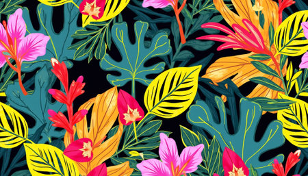 Vibrant tropical floral pattern featuring colorful plants and leavesの写真素材