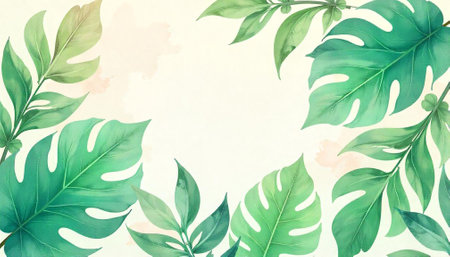 Watercolor botanical frame of tropical leaves and foliageの写真素材