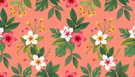 Tropical flower and leaf pattern on light red backgroundの写真素材