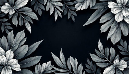 Monochrome floral frame with black background for textの写真素材
