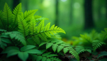 Lush green ferns in a serene forest settingの写真素材