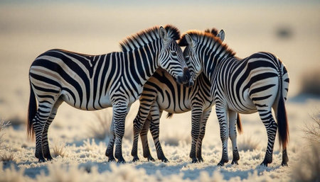 Three zebras standing together in a field at sunsetの写真素材