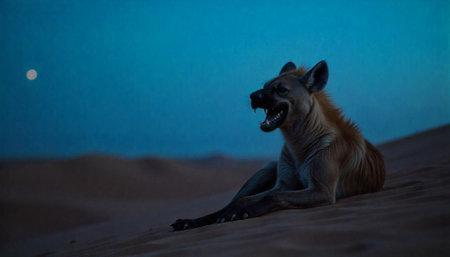 Hyena rests in the desert under the moonlight glowの写真素材
