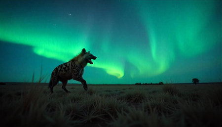 Hyena prowling under vibrant aurora borealis night skyの写真素材