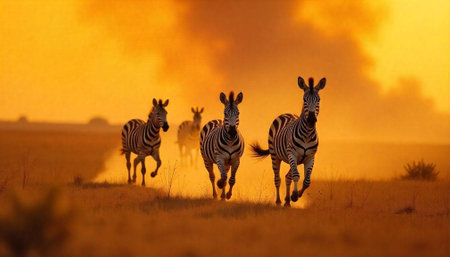 Zebras running through the golden African savanna during sunsetの写真素材