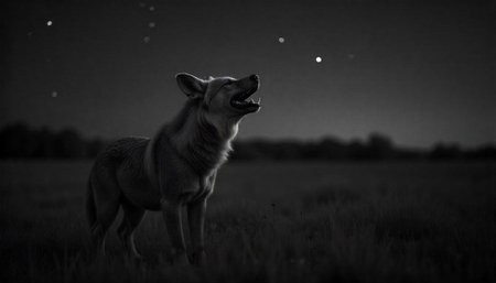 Lone wolf howling at the stars in open fieldの写真素材