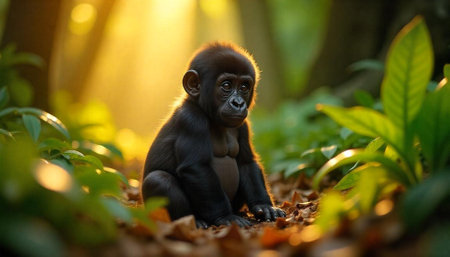 Young gorilla sitting peacefully amidst sunlit jungle foliageの写真素材