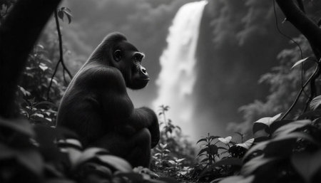 Contemplative gorilla gazing at waterfall in lush forestの写真素材