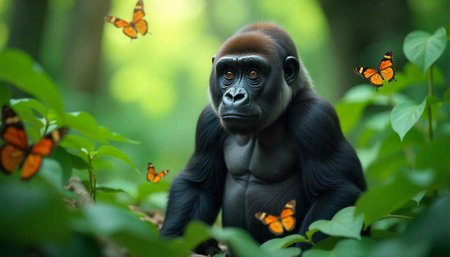 Gentle gorilla portrait surrounded by orange butterflies in greeneryの写真素材