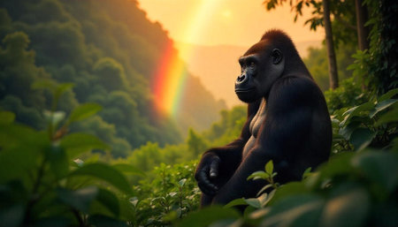 Contemplative gorilla observing a rainbow in a lush jungleの写真素材