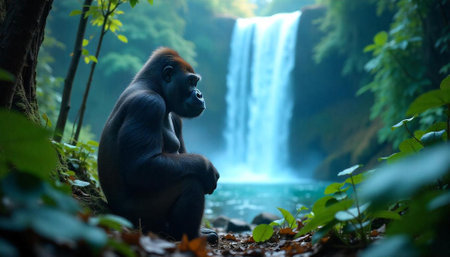 Pensive gorilla contemplating nature by a majestic waterfall sceneの写真素材