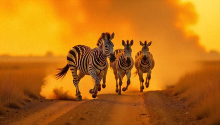 Zebras Running Through the Savannah at Sunset on a Pathの写真素材