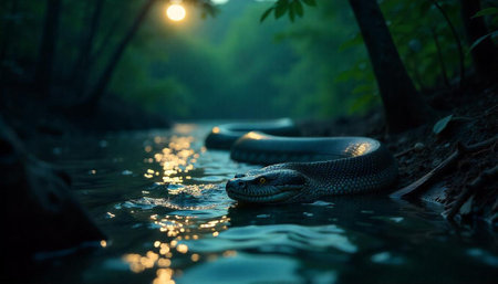 Anaconda in tranquil stream under the light of duskの写真素材