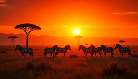 Zebra herd at sunset on the African savanna plainの写真素材