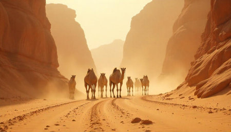 Camel caravan traverses sandy desert canyon landscape in warm lightの写真素材
