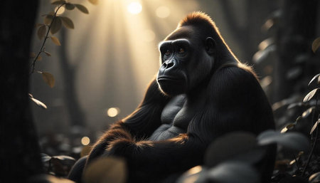 Contemplative Gorilla Sitting in a Misty Forest Glade