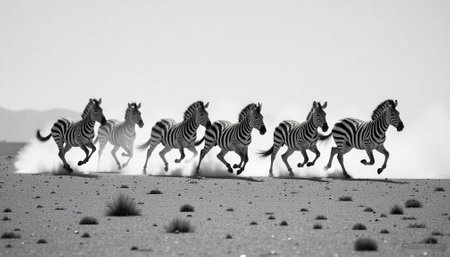 Running zebras in black and white desert landscapeの写真素材