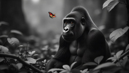 Contemplative gorilla in monochrome jungle with vibrant butterfly accentの写真素材