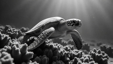 Sea turtle swimming underwater over coral reef in grayscaleの写真素材