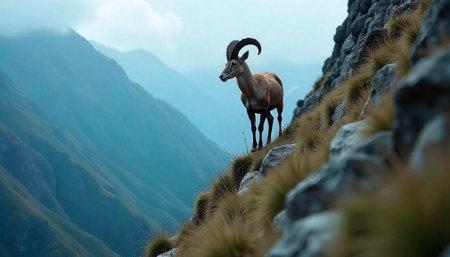 Mountain ibex standing on steep rocky slope, misty backgroundの写真素材