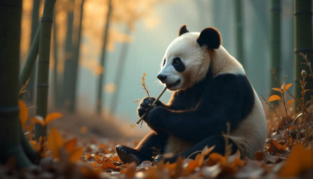 Panda munching on bamboo shoot in autumn forest settingの写真素材