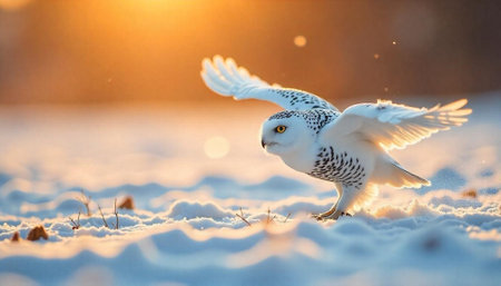 Snowy owl taking flight in a winter landscapeの写真素材