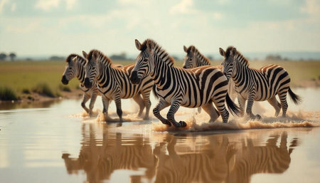 Zebras gallop through water in African savanna landscapeの写真素材