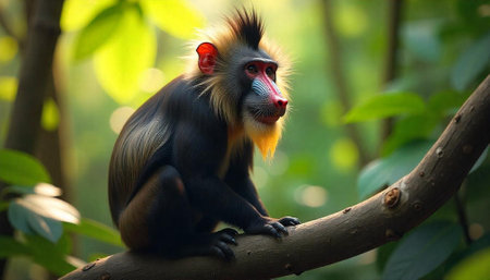 Colorful Mandrill monkey sits on a tree branchの写真素材