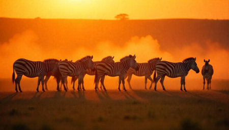 Zebras silhouetted against a vibrant golden sunset in Africaの写真素材
