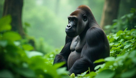 Contemplative gorilla portrait in jungle setting with lush greeneryの写真素材