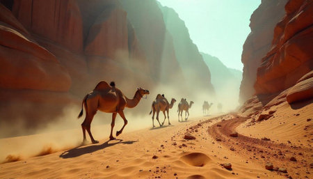 Caravan of camels crossing desert landscape during golden hourの写真素材