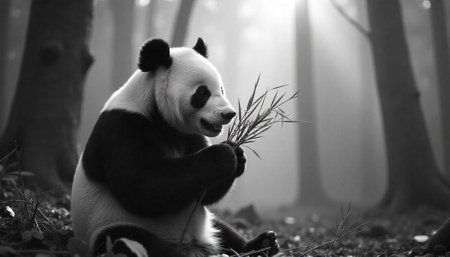 Monochrome panda in a forest eating bamboo leavesの写真素材