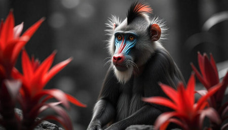 Striking Mandrill Portrait with Vivid Red Floral Accents