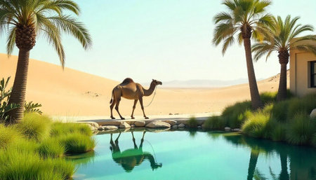 Camel near oasis in desert landscape, light and airyの写真素材